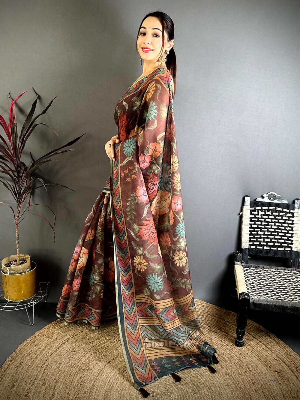 Brown Kalamkari Linen Chanderi Saree