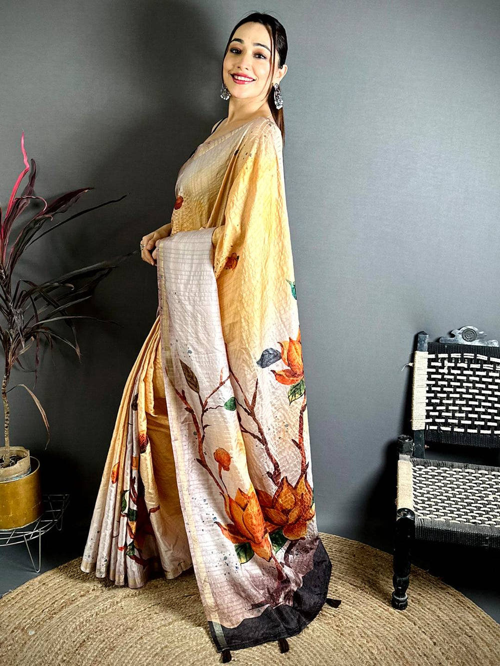 Pastel Yellow Ghicha Tussar Floral Saree