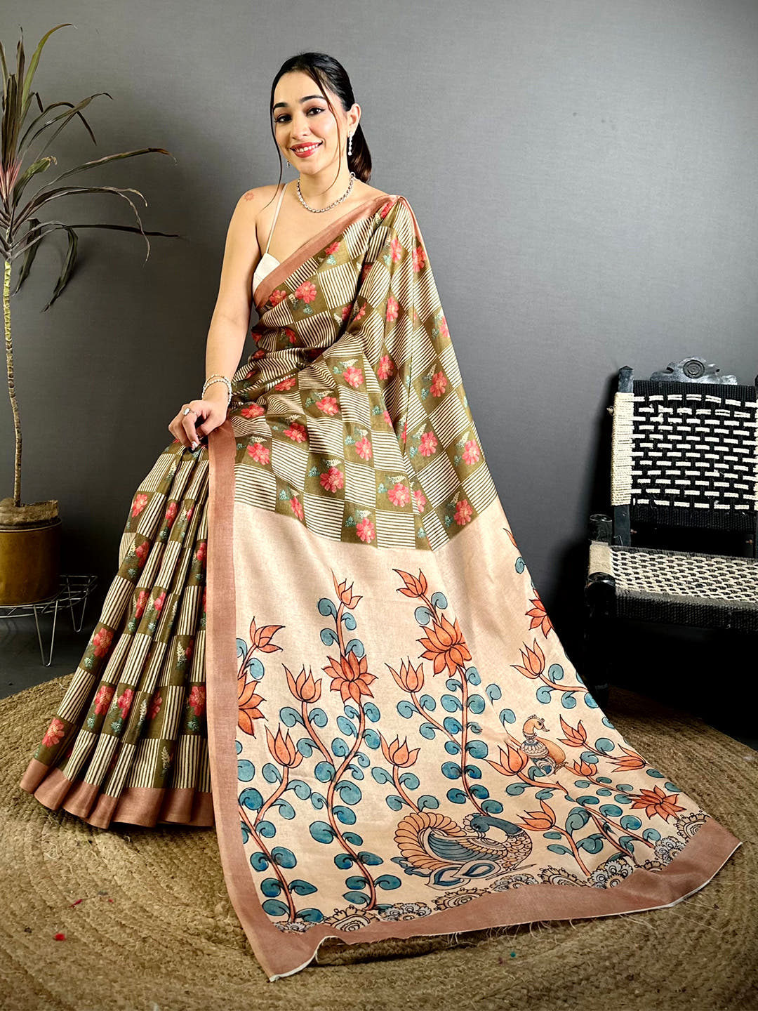Soft Tussar Striped Check Print Saree