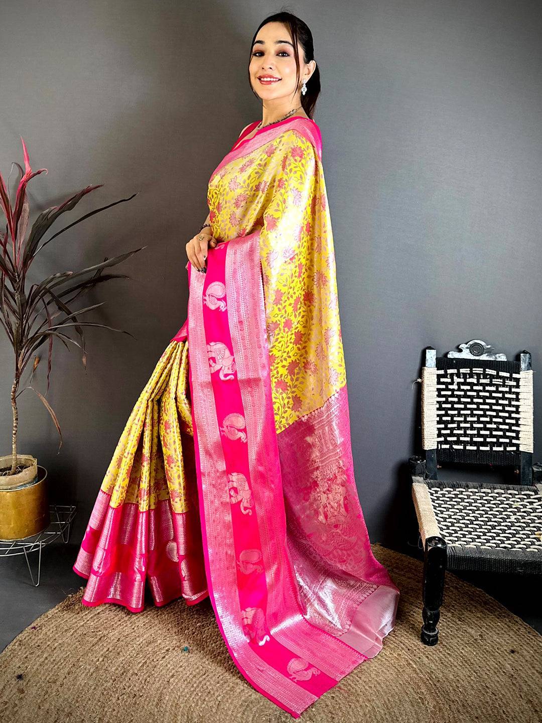 Mustard Dharmavaram Double Ikkat Saree