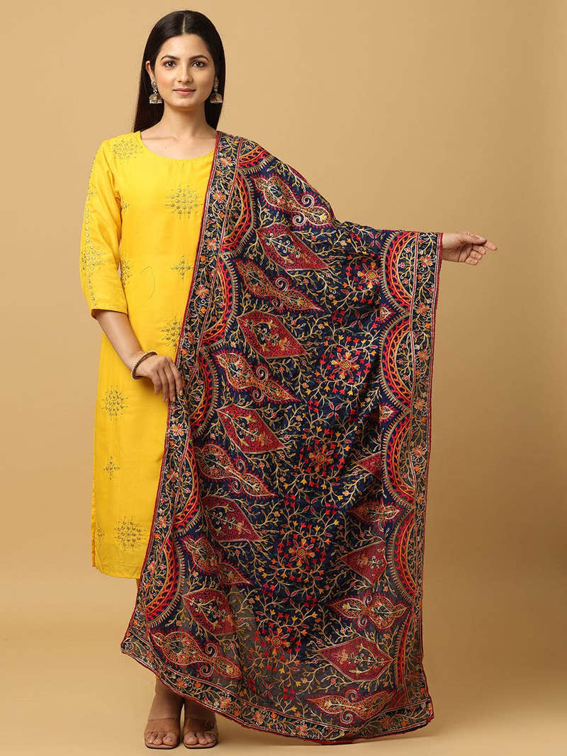 Navy Scallop Border Paisley Pashmina Dupatta