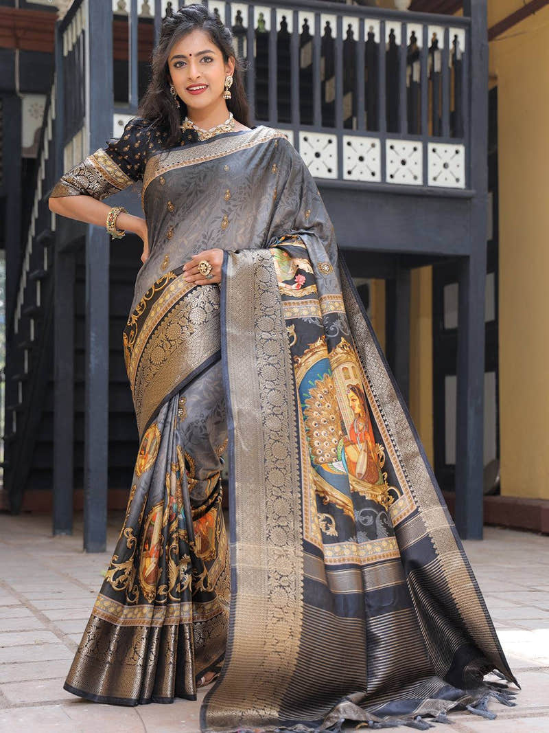 Viscose Dola Silk Saree With Zari Weaving Pallu In Grey Colour - Luxe