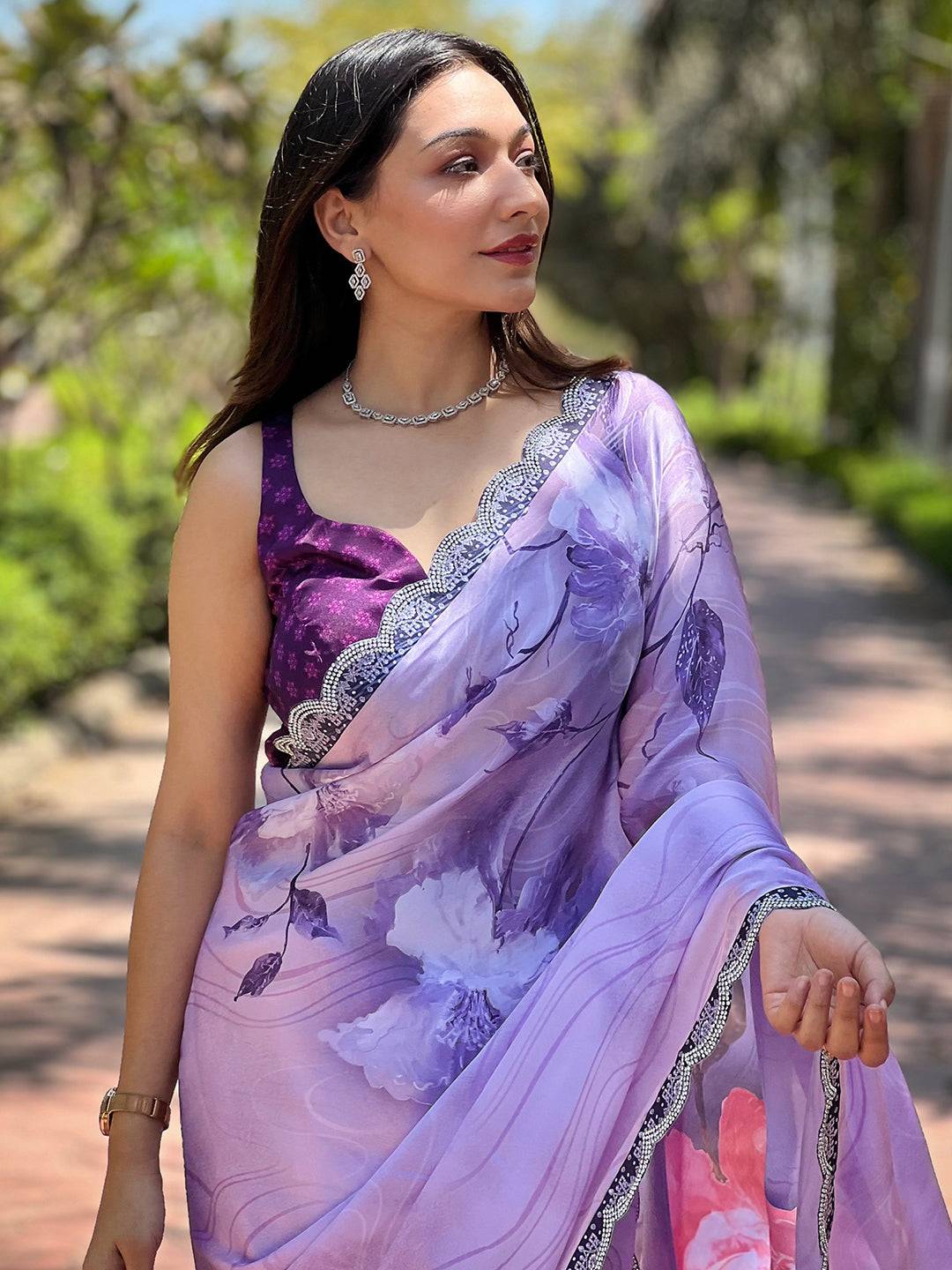 Purple satin georgette floral print saree with lace border
