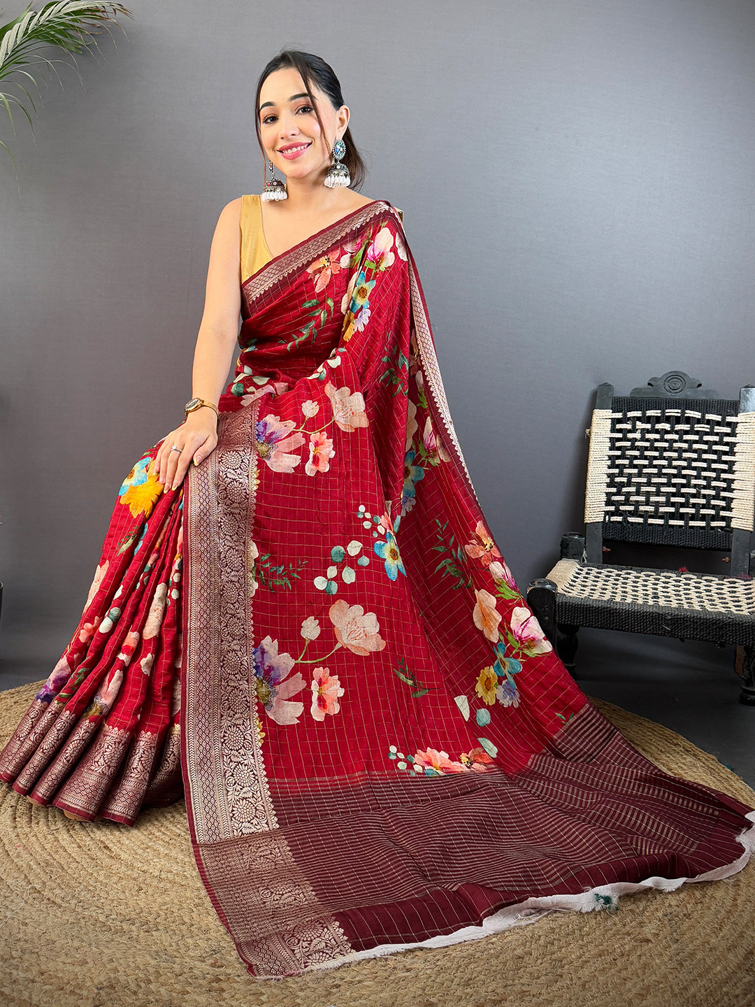 Wine Floral Kalamkari Viscose Saree