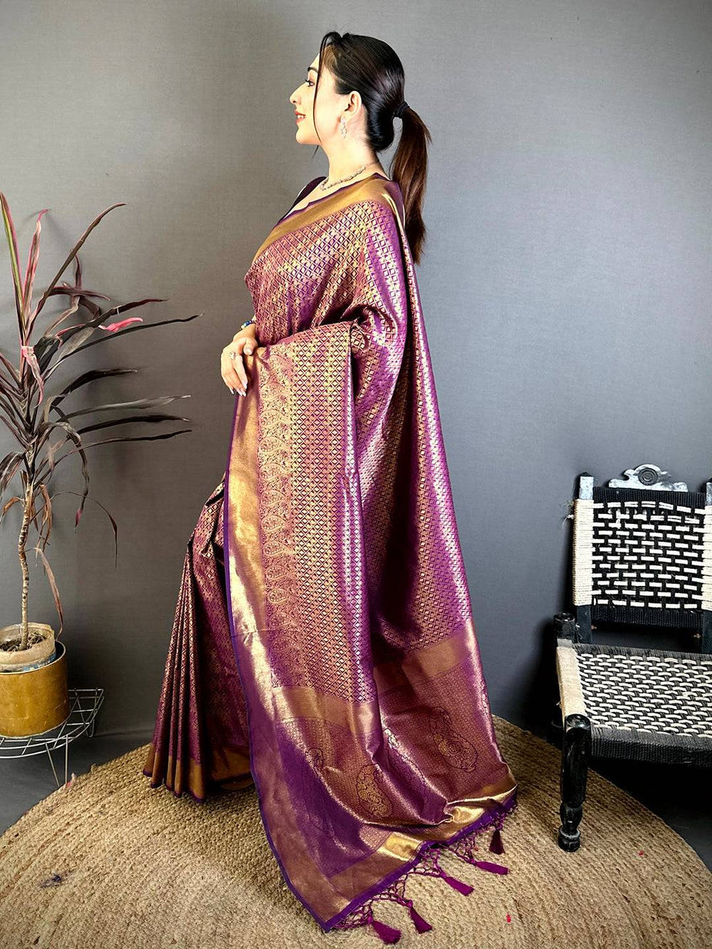 Radiant Wine Kanjivaram Zari Silk Saree