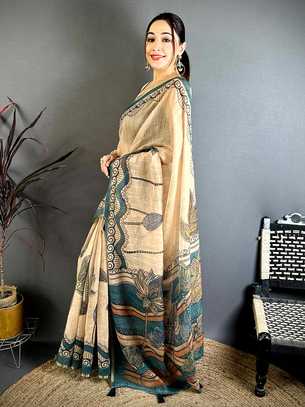 Heritage Freehand Kalamkari Linen Saree