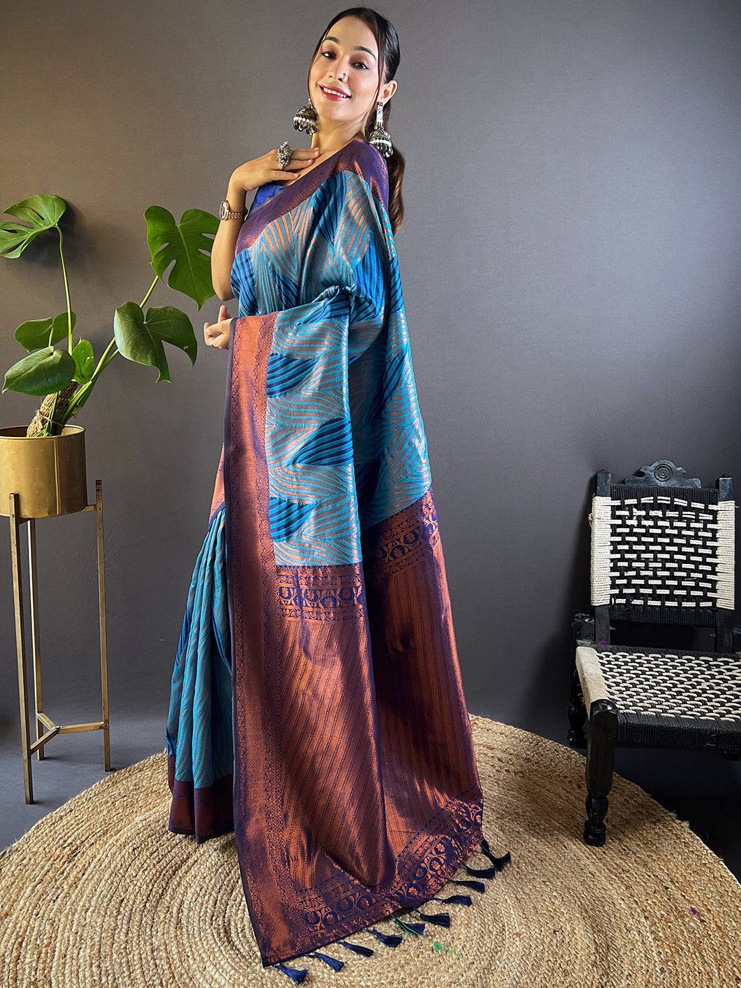 Model Wearing Royal Blue Tussar Silk Ikkat Saree