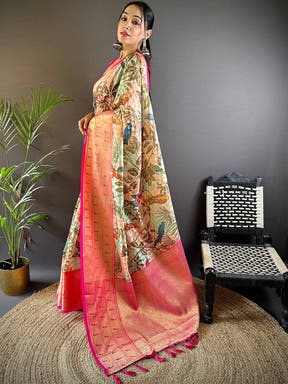 Tan Floral Paithani Kora Silk Saree