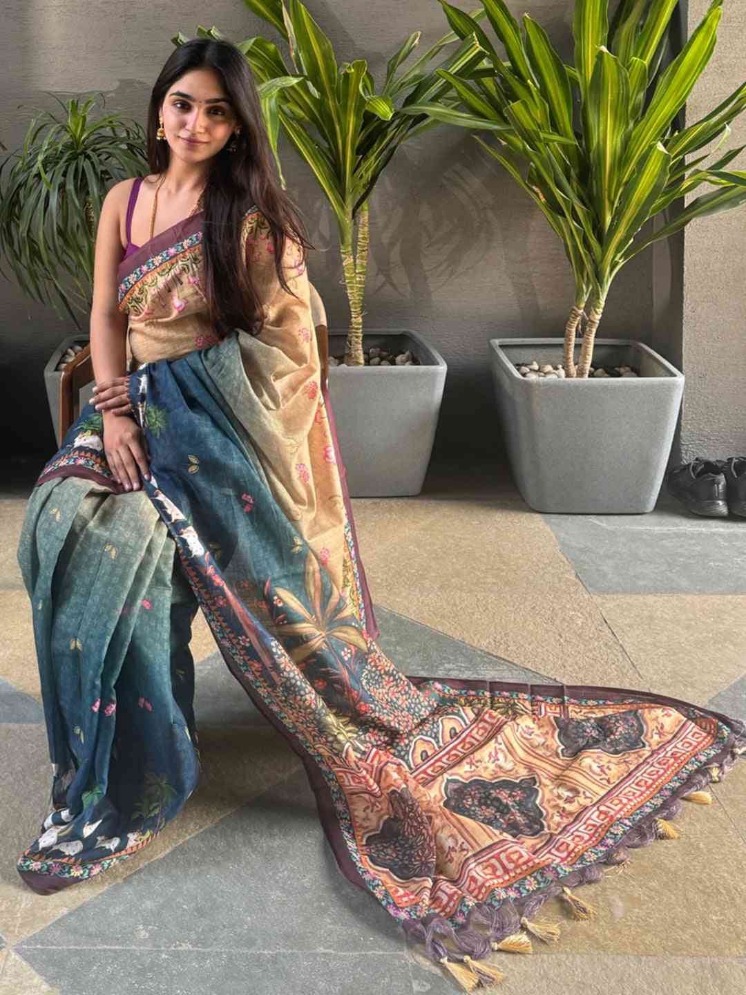 Soft Linen Ombre Pichwai Saree in Turquoise, worn by model.