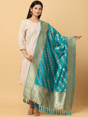 Rama Colour Woven Design Dupatta with Resham Tassels