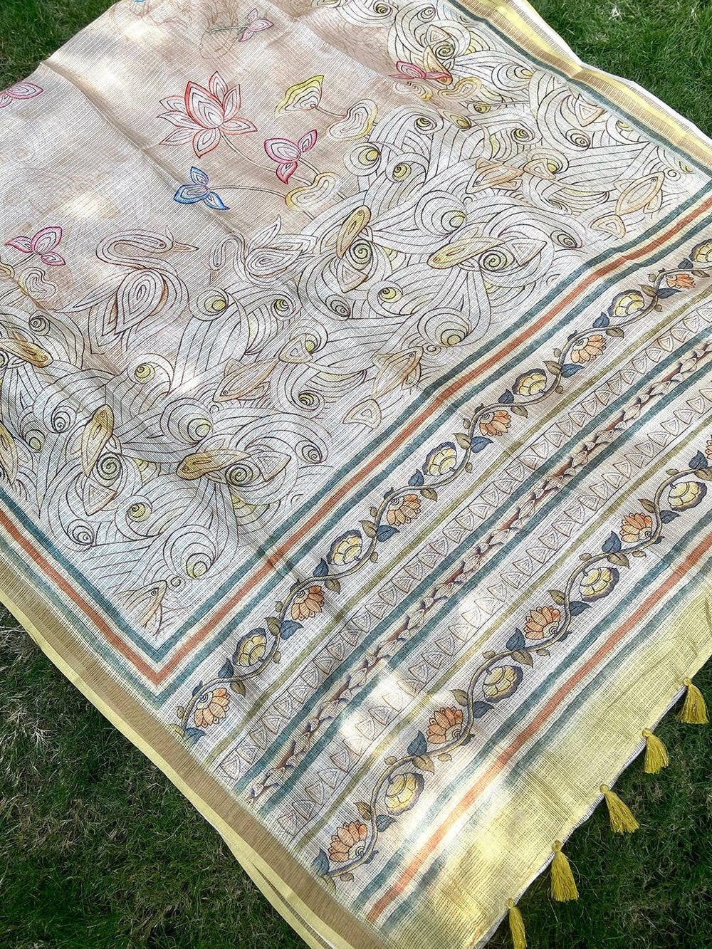 Yellow Kota Doriya Silk Saree With Flower Kalamkari Print