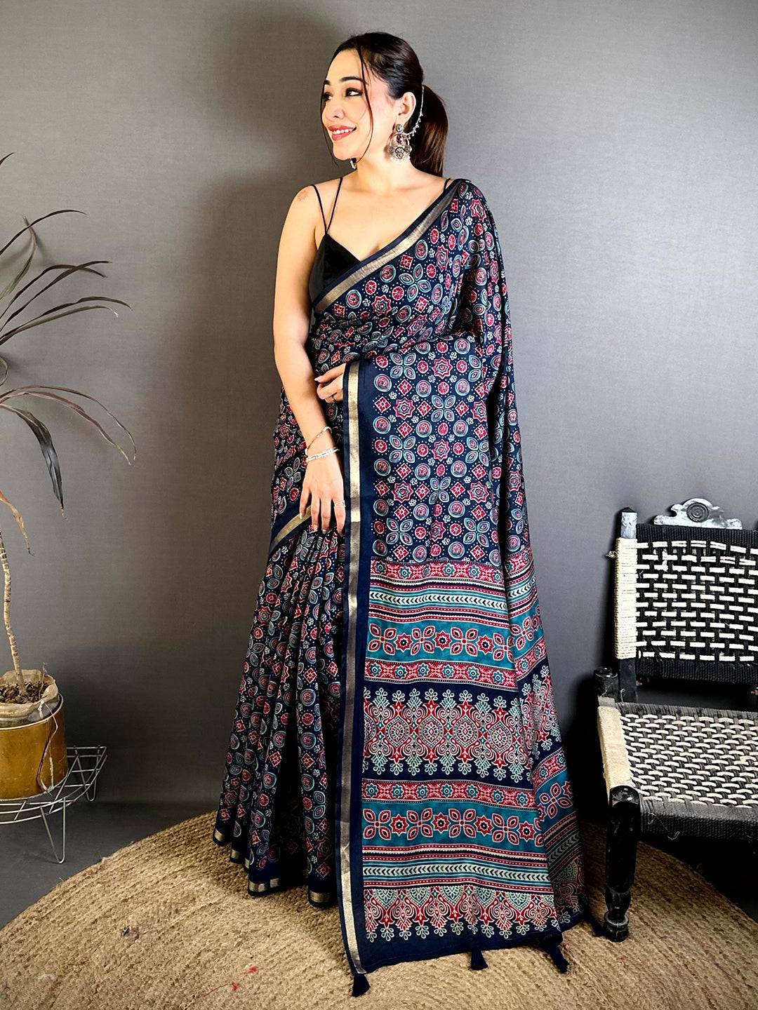 Navy Mul Cotton Ajrak Vintage Print Saree