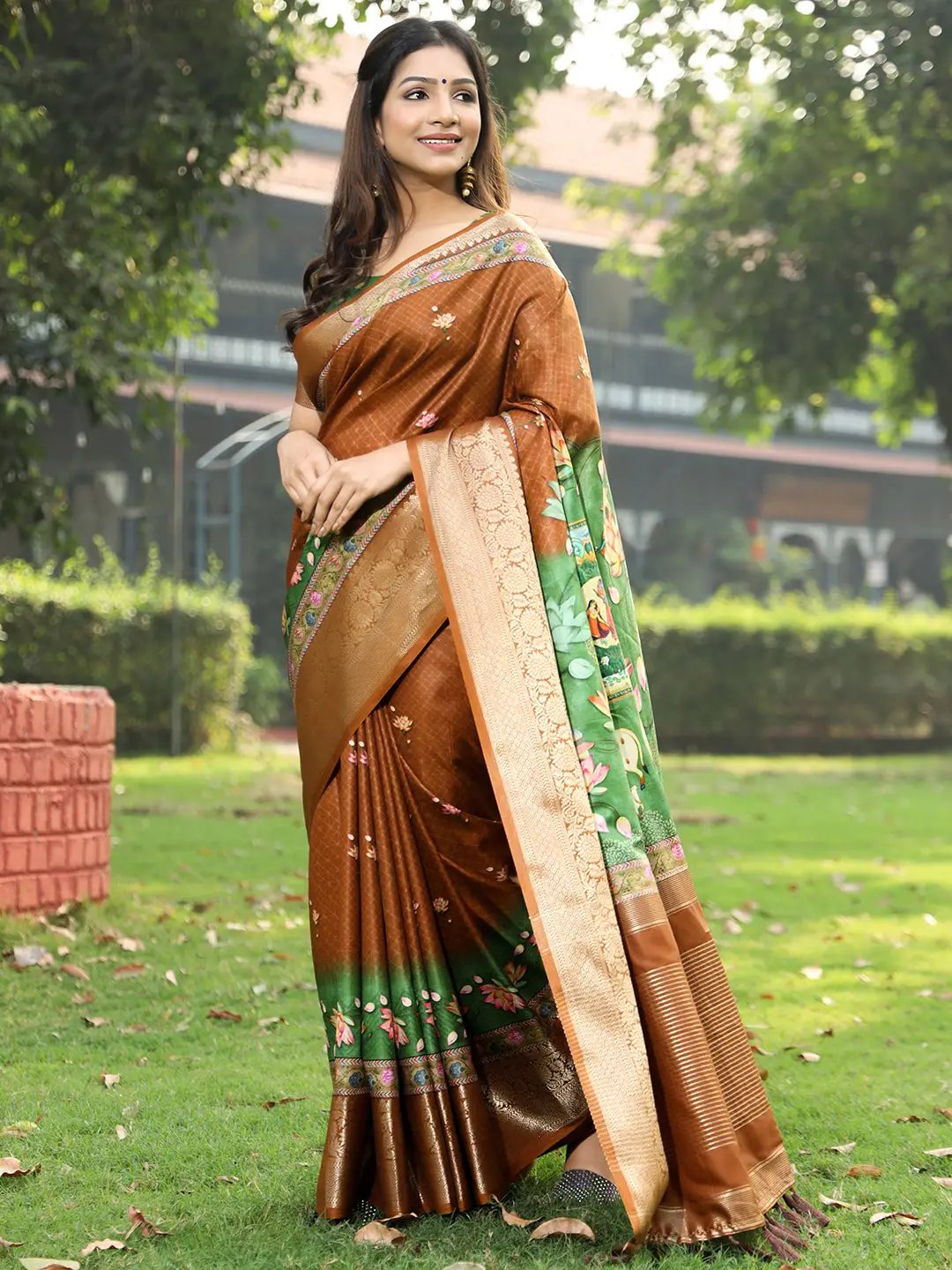  Pure Viscose Dola Silk Saree in Brown with Kalamkari Print
