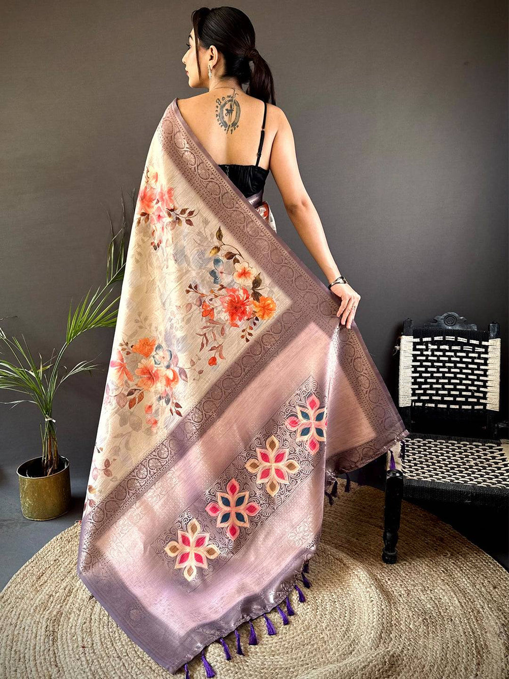 Ivory Slub Ghicha Placement Print Saree