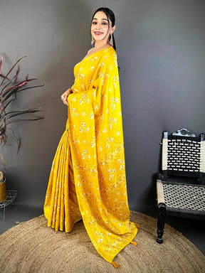 Yellow Tussar Ghicha Batik Floral Print Saree
