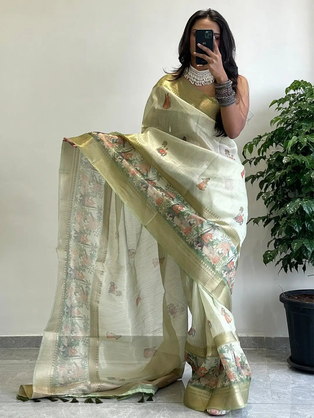 Soft Gold Zari Tissue Saree with digital print design