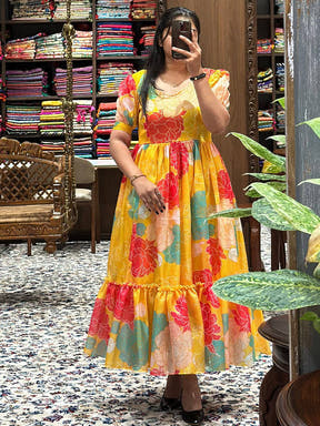 Daylily Yellow V Neck Midi Dress with floral pattern