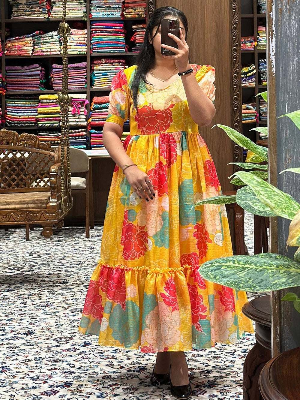 Daylily Yellow V Neck Midi Dress with floral pattern