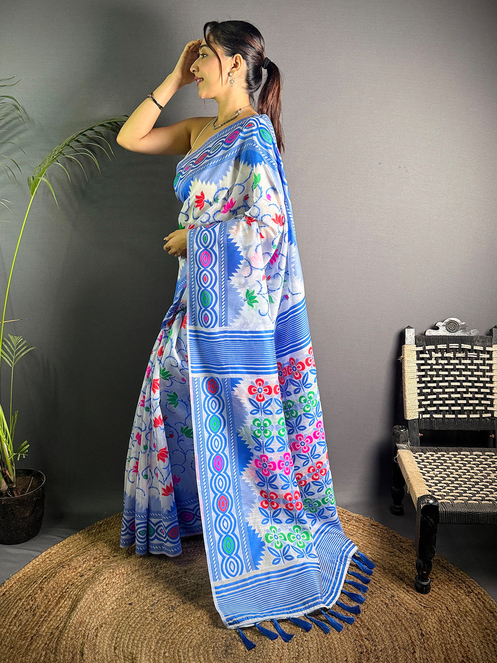 Sky Blue Dhakai Jamdani Soft Cotton Silk Saree