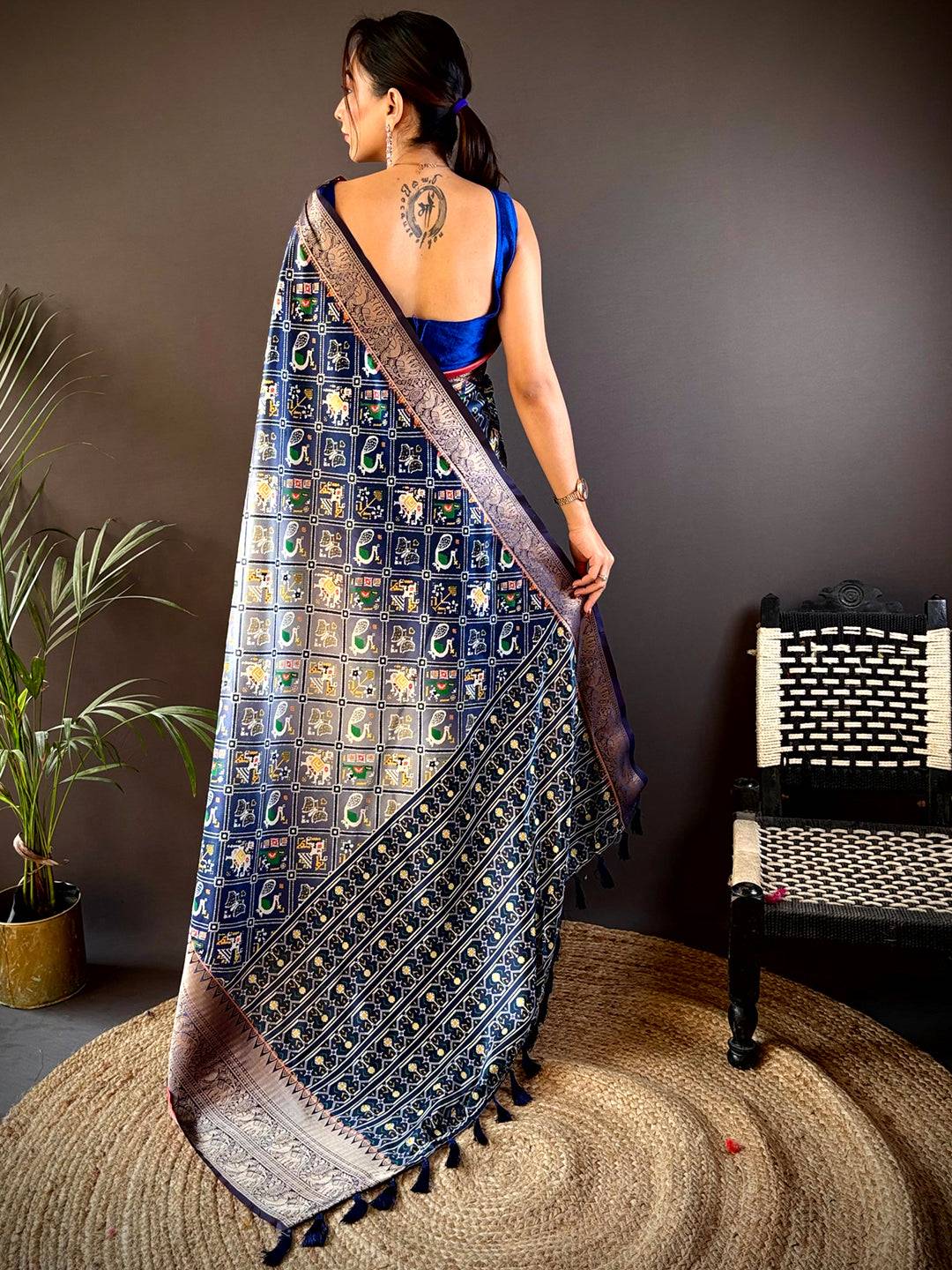 Back view of ombre navy soft silk Patola print saree