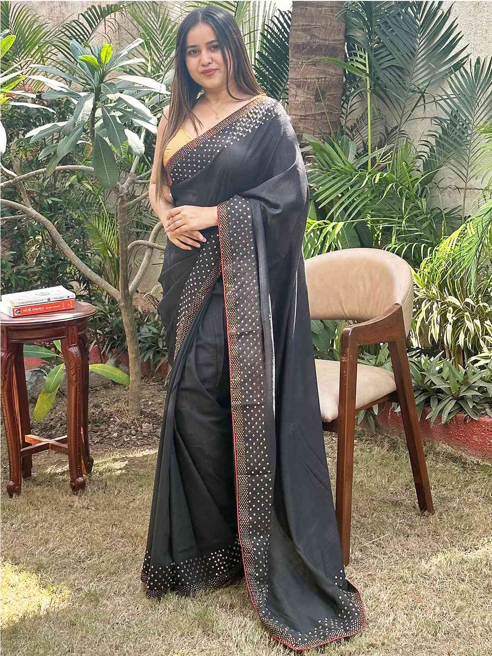 Elegant Black Vichitra Silk Saree with Swarovski Stones, standing