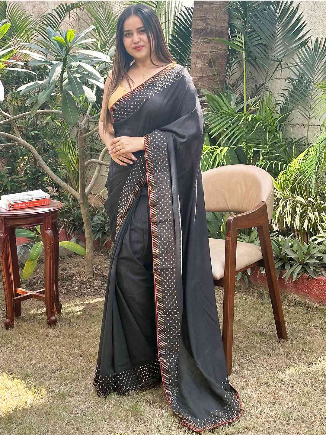 Elegant Black Vichitra Silk Saree with Swarovski Stones, standing