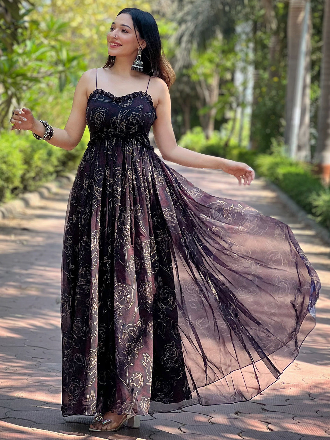 Ploy Georgette Black Colour Floral Print Dress