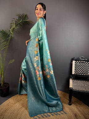 Denim Blue Kanjivaram Silk Digital Print Saree