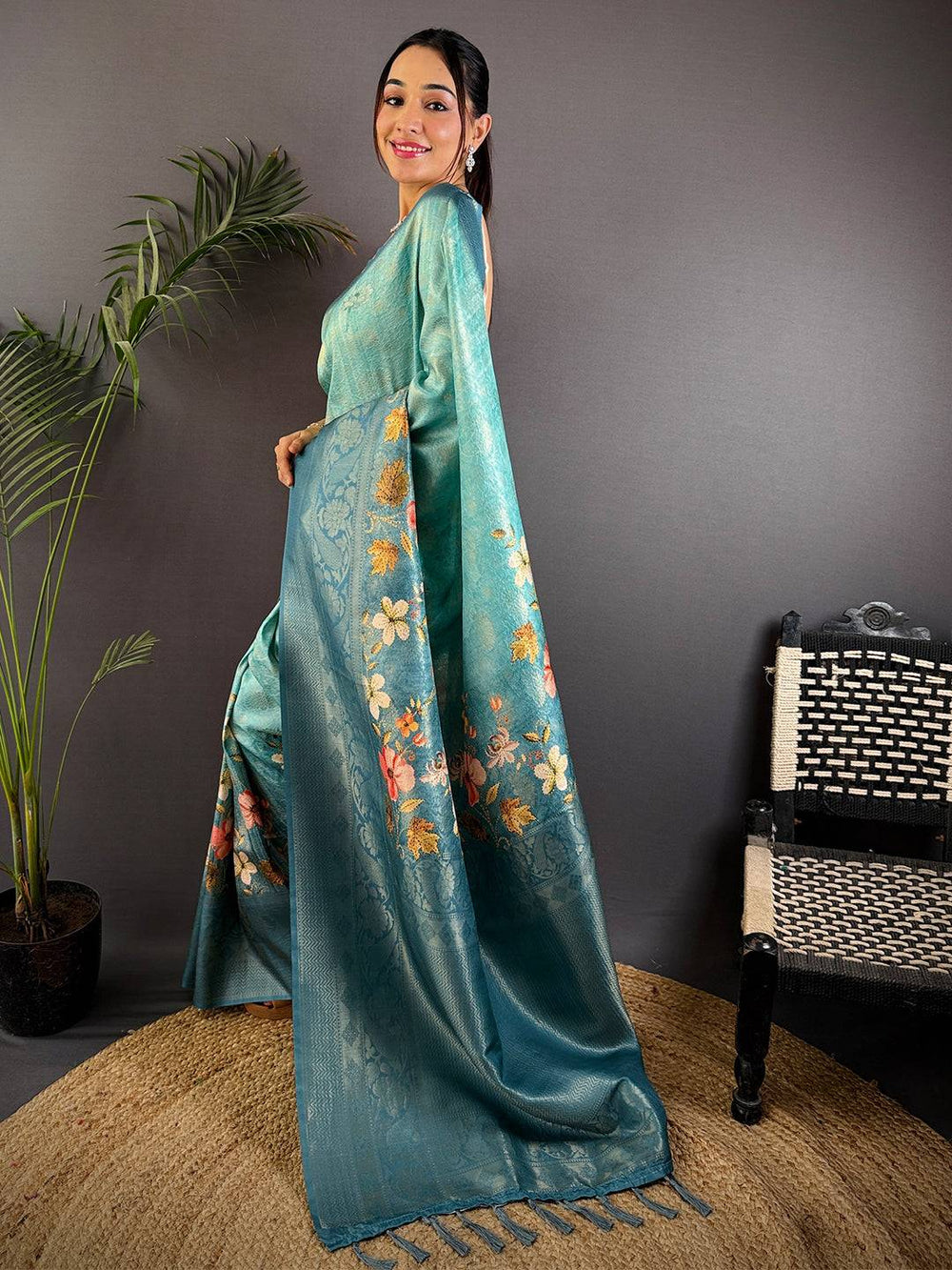 Denim Blue Kanjivaram Silk Digital Print Saree