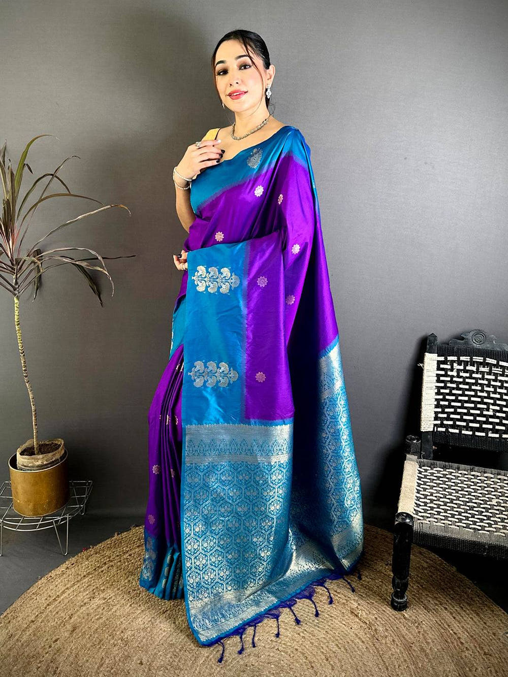 Purple Silk Contrast Patta Border Saree
