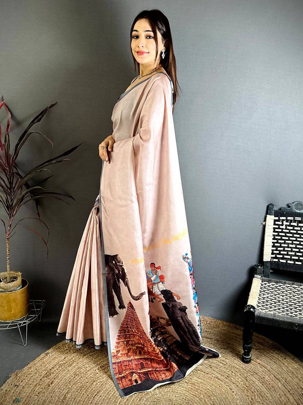
Vibrant Tamil Cultural Icons Digital Print saree


