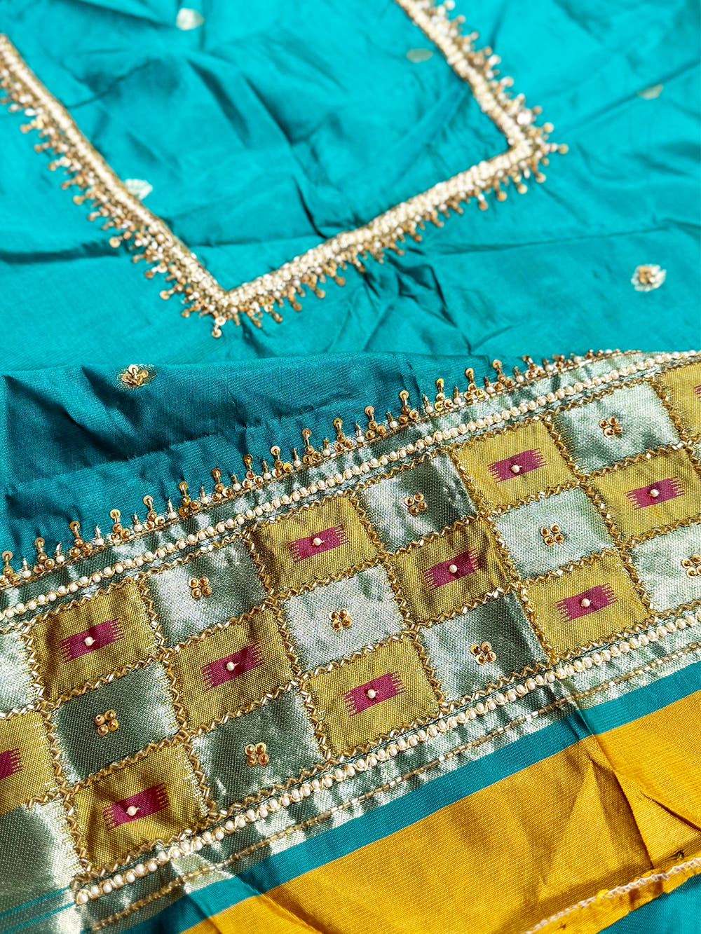Opulent Gold Ikkat Soft Silk Saree With Maggam Blouse