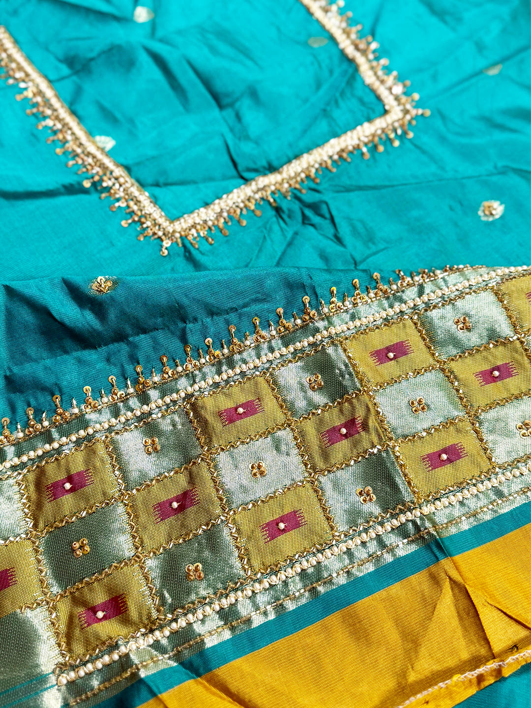 Opulent Gold Ikkat Soft Silk Saree With Maggam Blouse