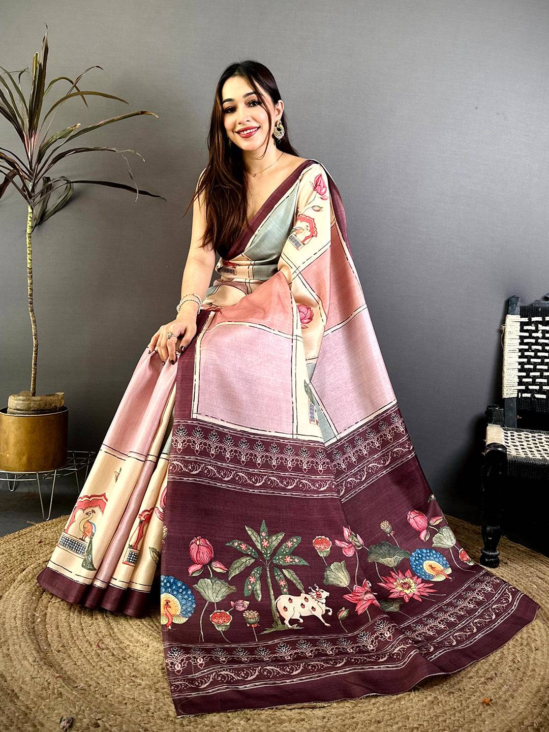 Vibrant Tussar Contrast Kalamkari Pallu Saree