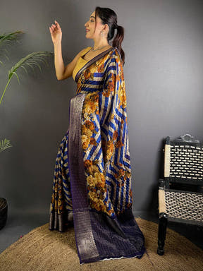 Royal Blue Floral Printed Viscose Saree