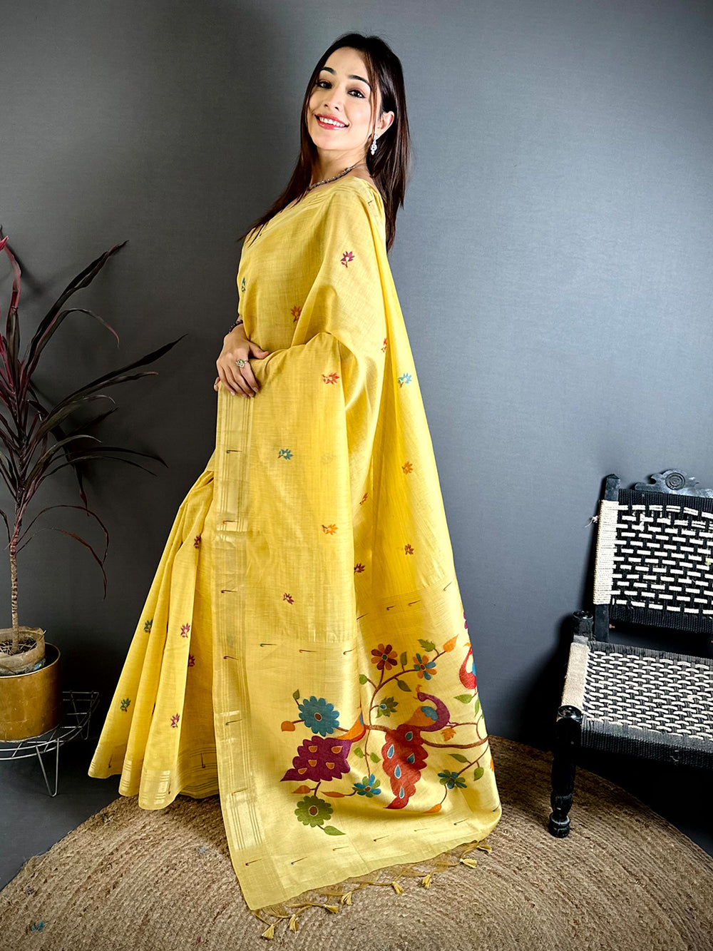 Yellow Munia Minakari Khadi Saree 