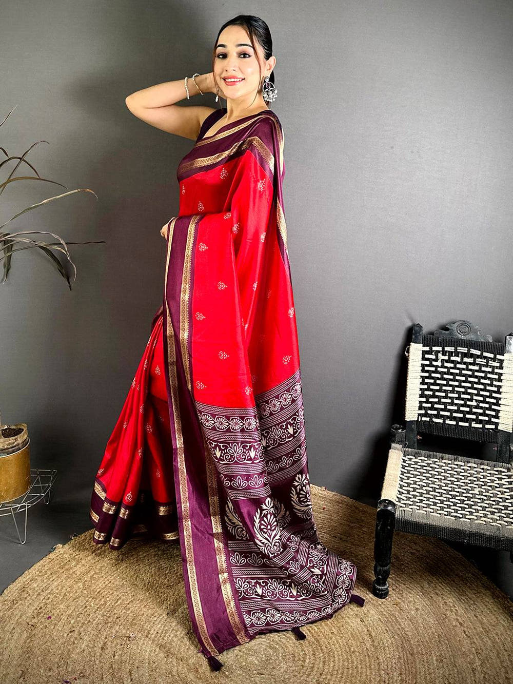 Red Soft Dola Block Print Pallu Saree