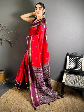 Red Soft Dola Block Print Pallu Saree