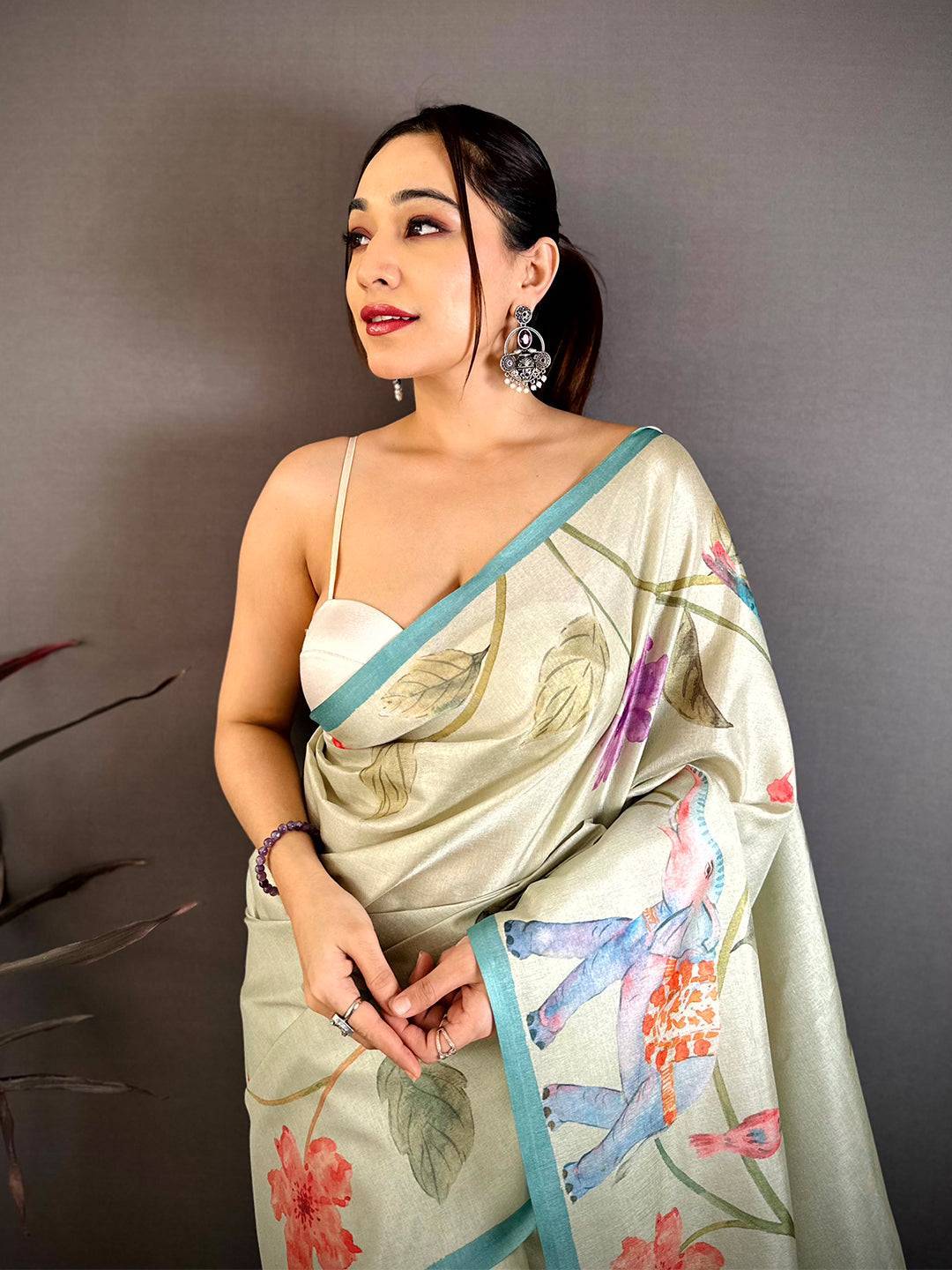 Green Tussar Floral Water Block Saree
