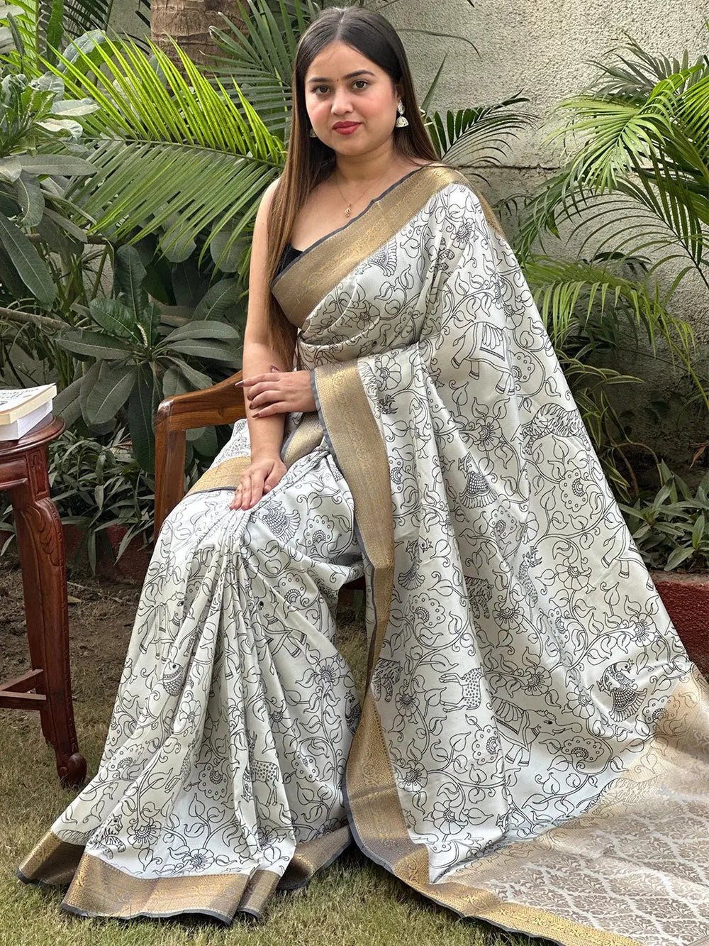 Grey Kalamkari saree with block print and zari border
