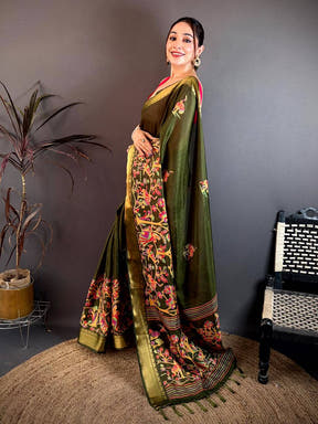Dark Olive Shade Printed Dola Silk Saree