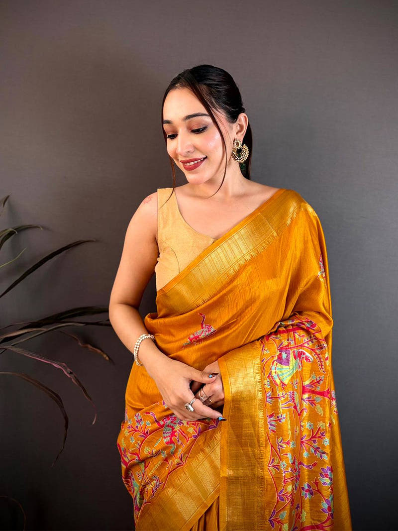 Dark Mustard Shade Printed Dola Silk Saree

