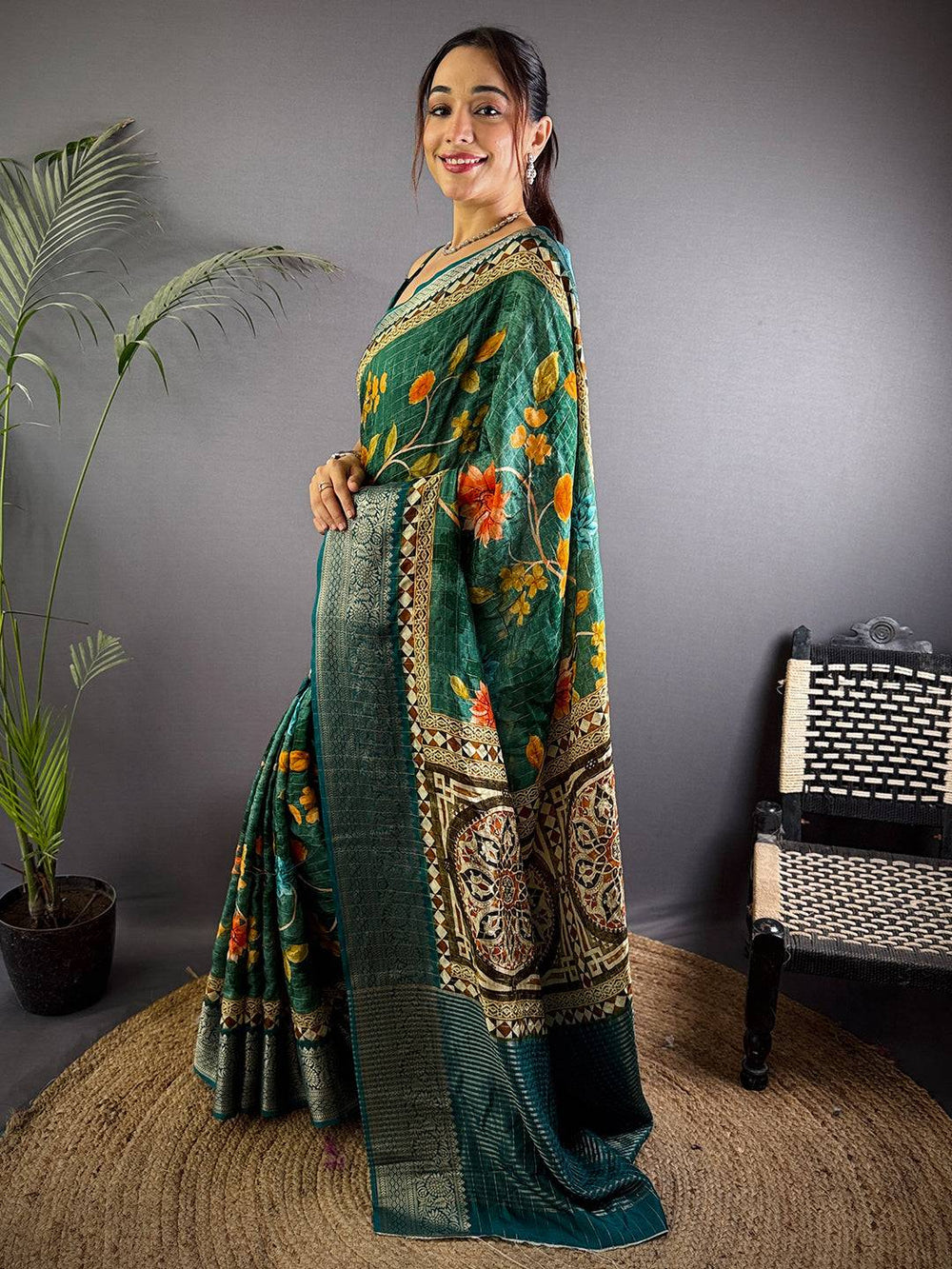 Teal Pure Viscose Floral Printed Saree