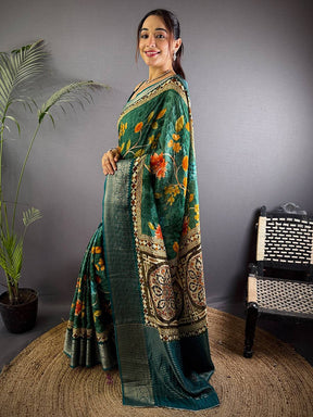 Teal Pure Viscose Floral Printed Saree