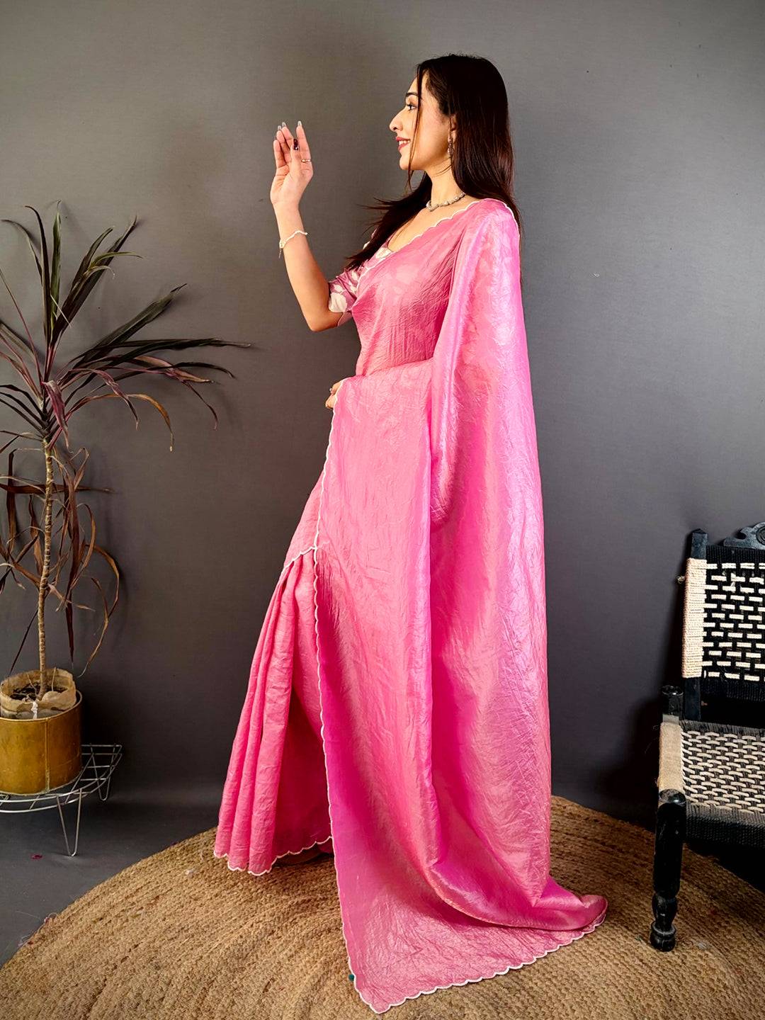 Baby Pink Bariq Cutwork Crash Silk Saree
