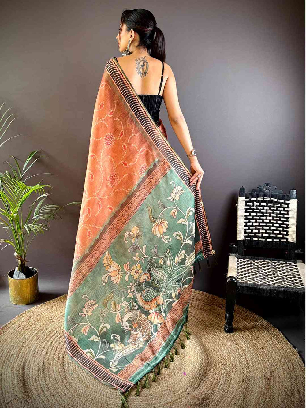 Light Brown Floral Chanderi Saree