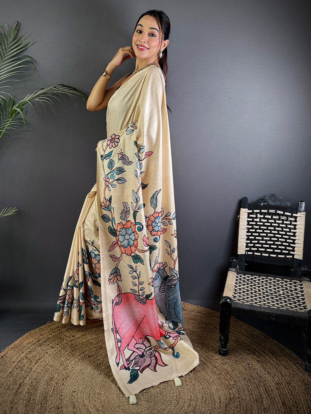 Kalamkari Printed Cream Ghicha Saree