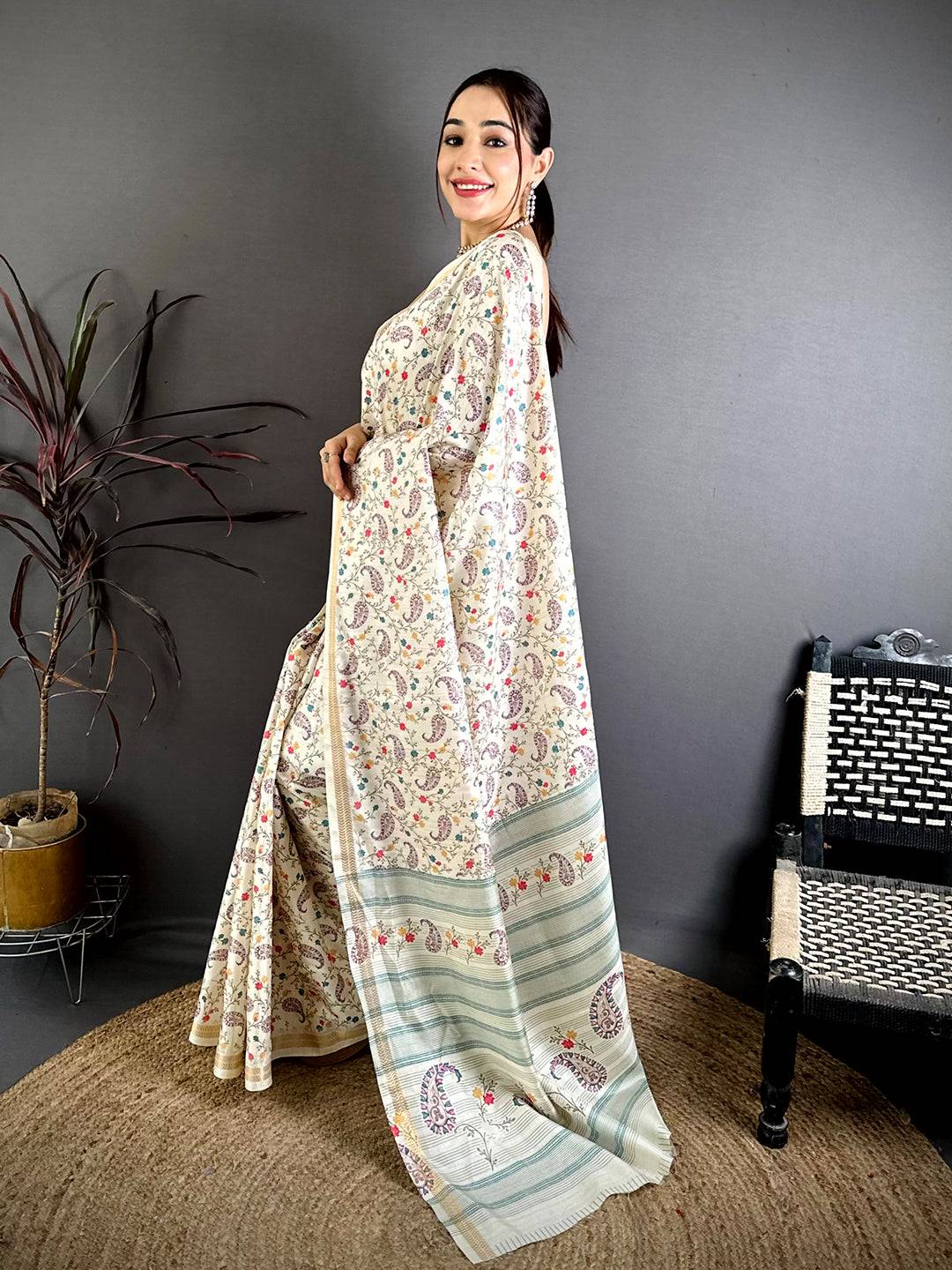 Classic Digital Kashmiri Print Soft Tussar Saree