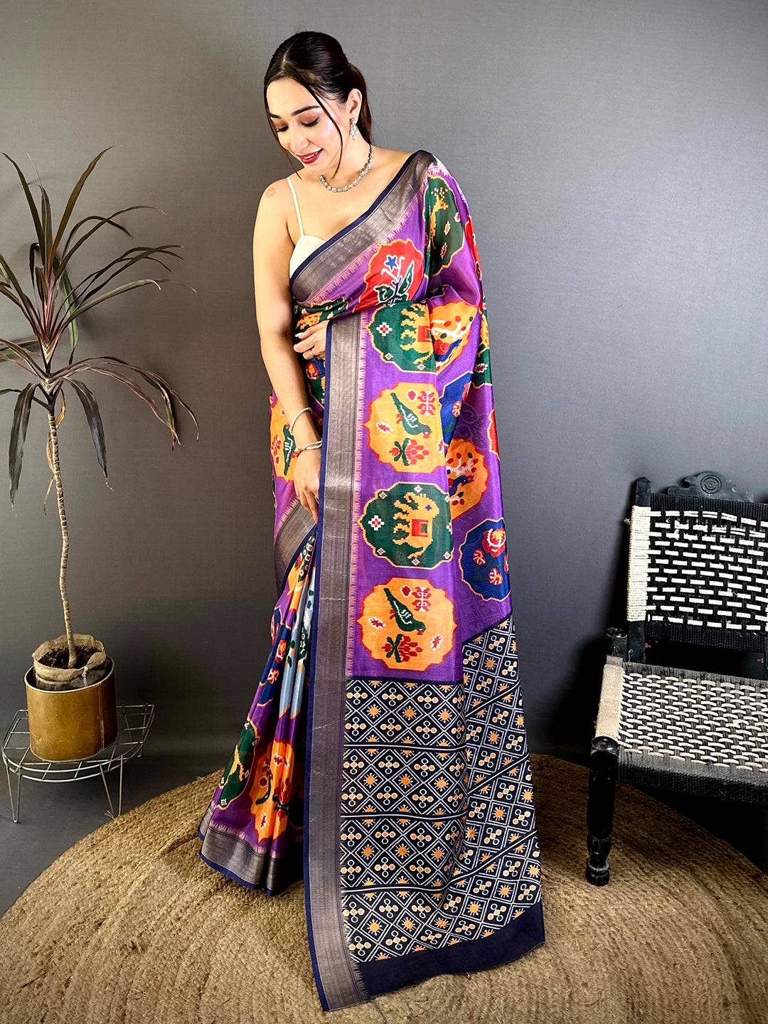 Purple Soft Dola Big Ikkat Minakari Print Saree