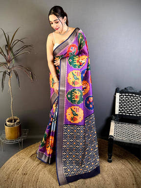 Purple Soft Dola Big Ikkat Minakari Print Saree